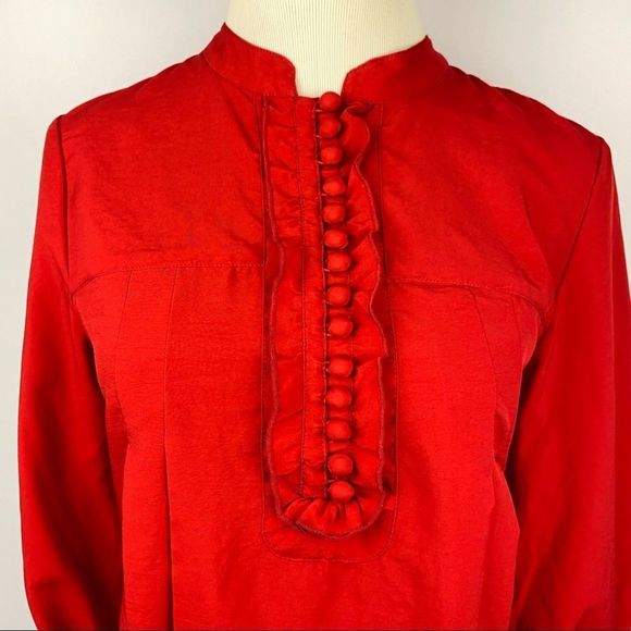 ATTENTION Red 3/4 Sleeve Pleated Ruffle Button Blouse Top - Picture 2 of 8